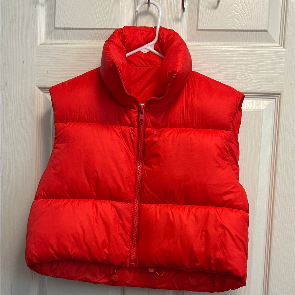 Red puffer jacket